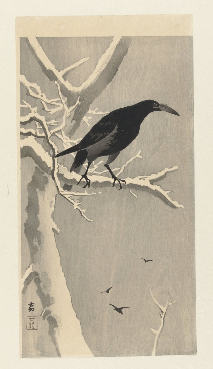 Crow on Snowy Tree Branch by Ohara Koson