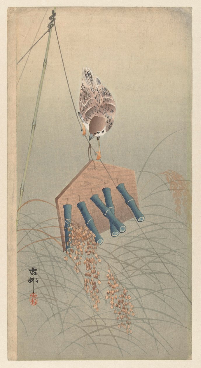 Sparrow on a Scarecrow by Ohara Koson