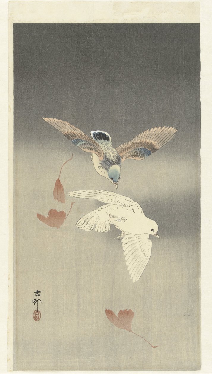 Two Doves with Falling Ginkgo Leaves by Ohara Koson