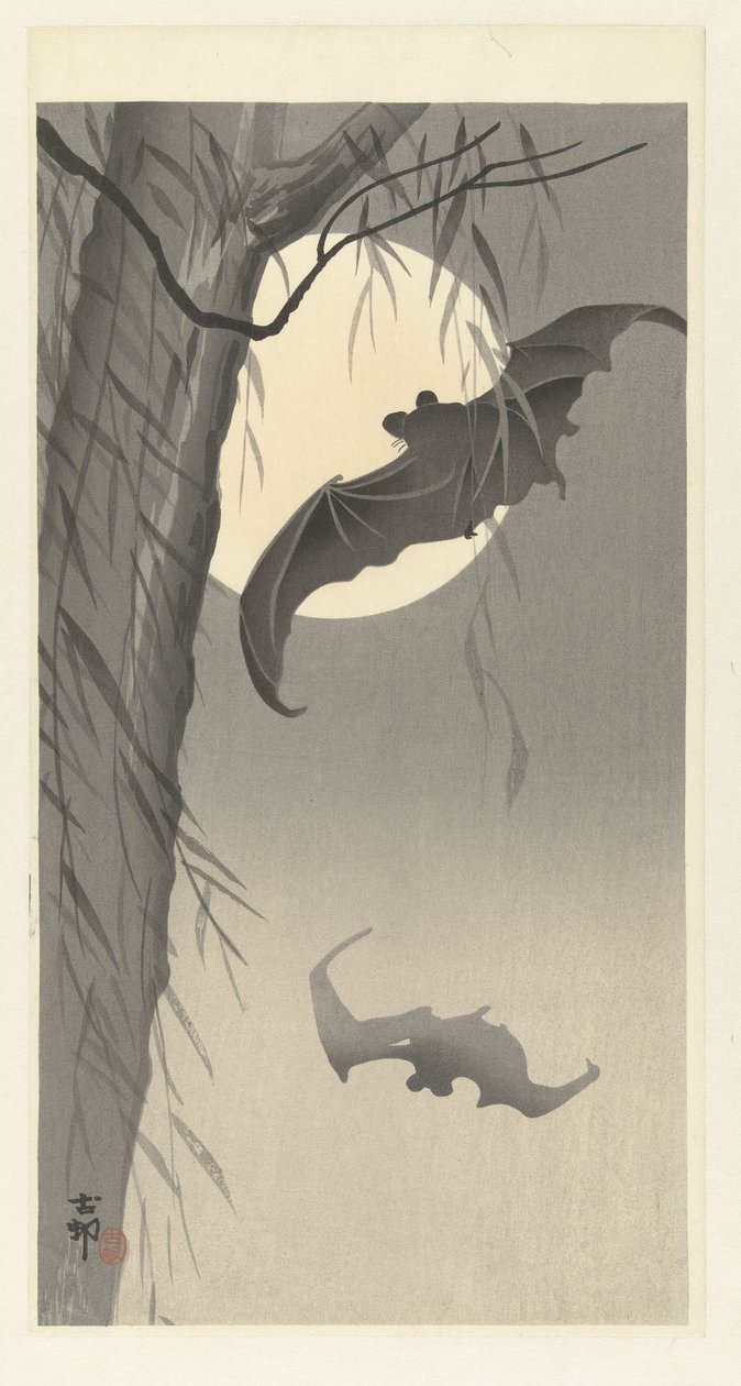 Two Bats by Full Moon by Ohara Koson