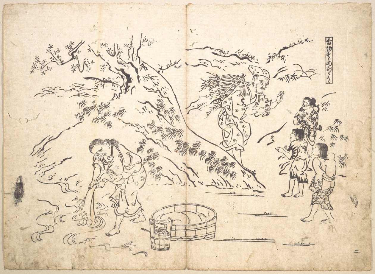 Faggot-Gatherer Finds Boy with Sparrow by Okumura Masanobu