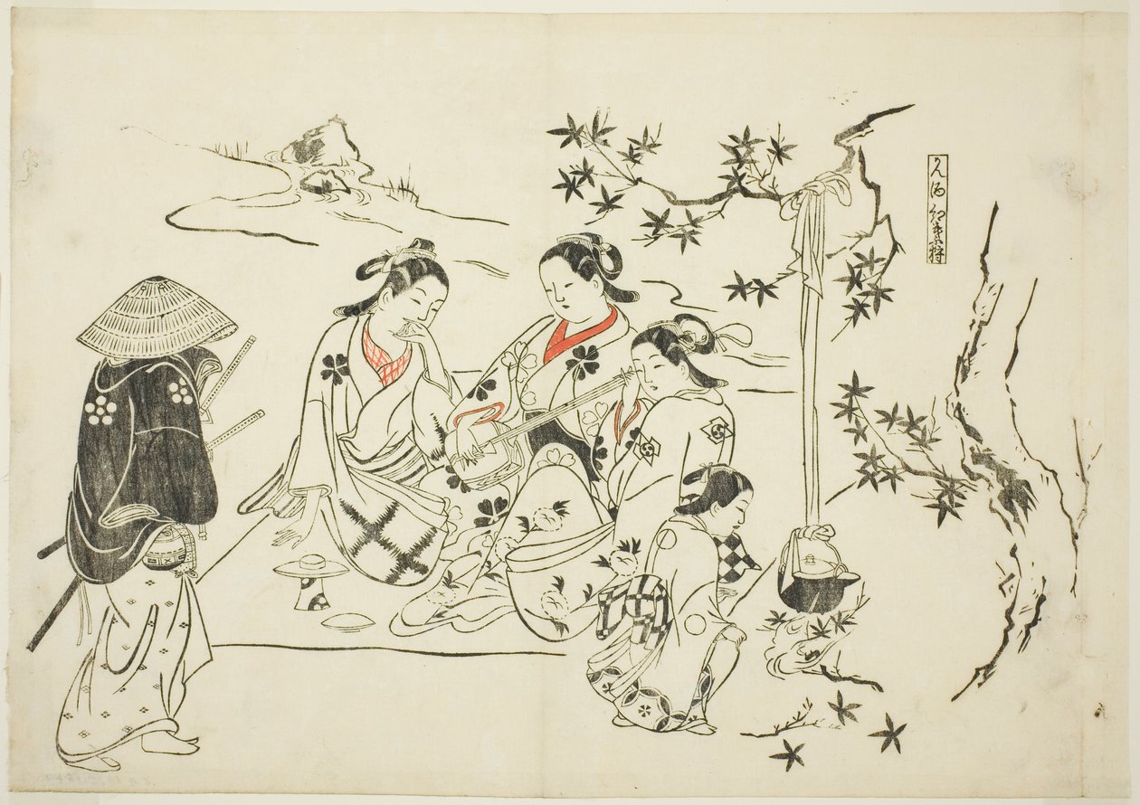 Heating Sake with Maple Leaves, no. 9 from a series of 12 prints depicting parodies of plays by Okumura Masanobu