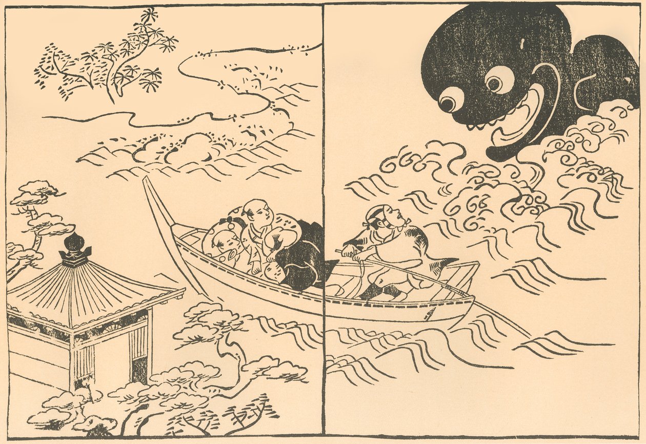Men in a Boat Threatened by a Sea Monster by Okumura Masanobu
