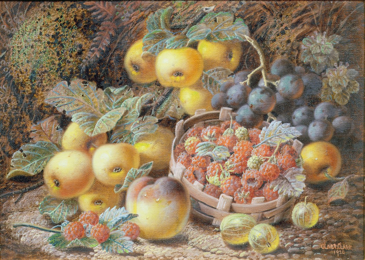 Still Life of Apples, Grapes, Raspberries, Gooseberries and Peach by Oliver Clare