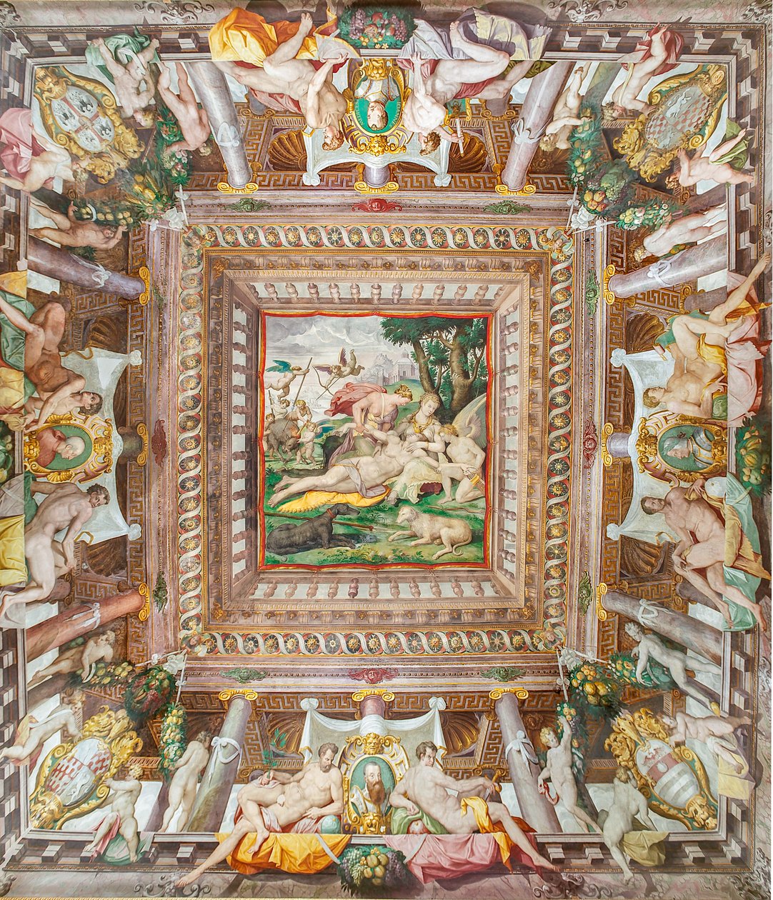 View of the ceiling of the Room of Adonis and the memorial stones of family members Rossi, Gonzaga, Riario and Medici, Rocca dei Rossi, San Secondo, Parma, Italy by Orazio (attr.to) Samacchini