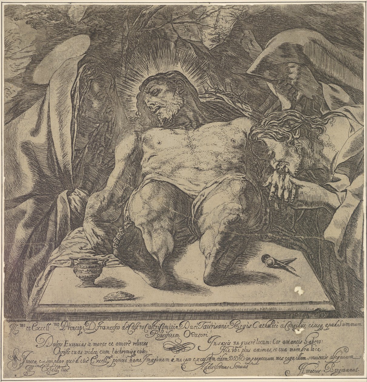 Lamentation over the body of Christ by the three Marys, a jar of ointment on the table by Orazio Borgianni