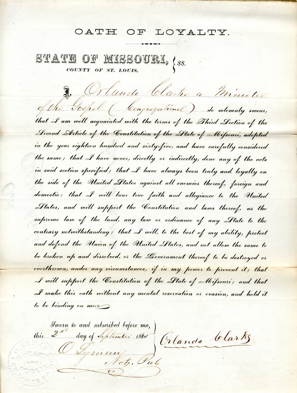 Swears Oath of Allegiance to the Government of the United States and the State of Missouri by Orlando Clarke