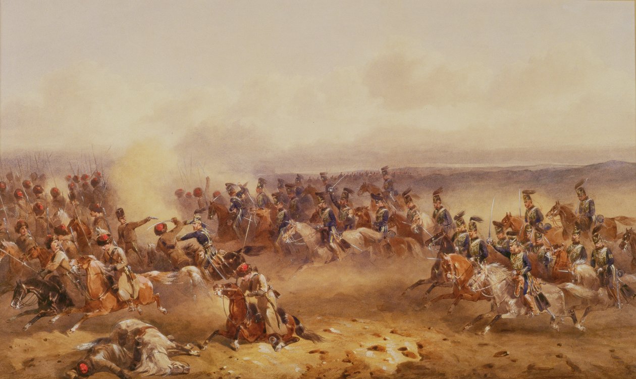 A Squadron of the 10th Hussars Defeat the Russians at Tchernaya, 16th August 1855, c.1890 by Orlando Norie