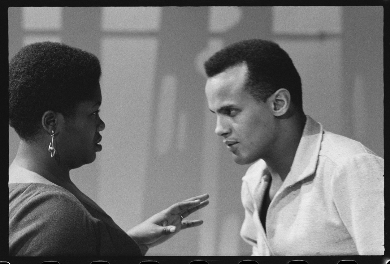 Harry Belafonte with Odetta on set of tv special by Orlando Suero
