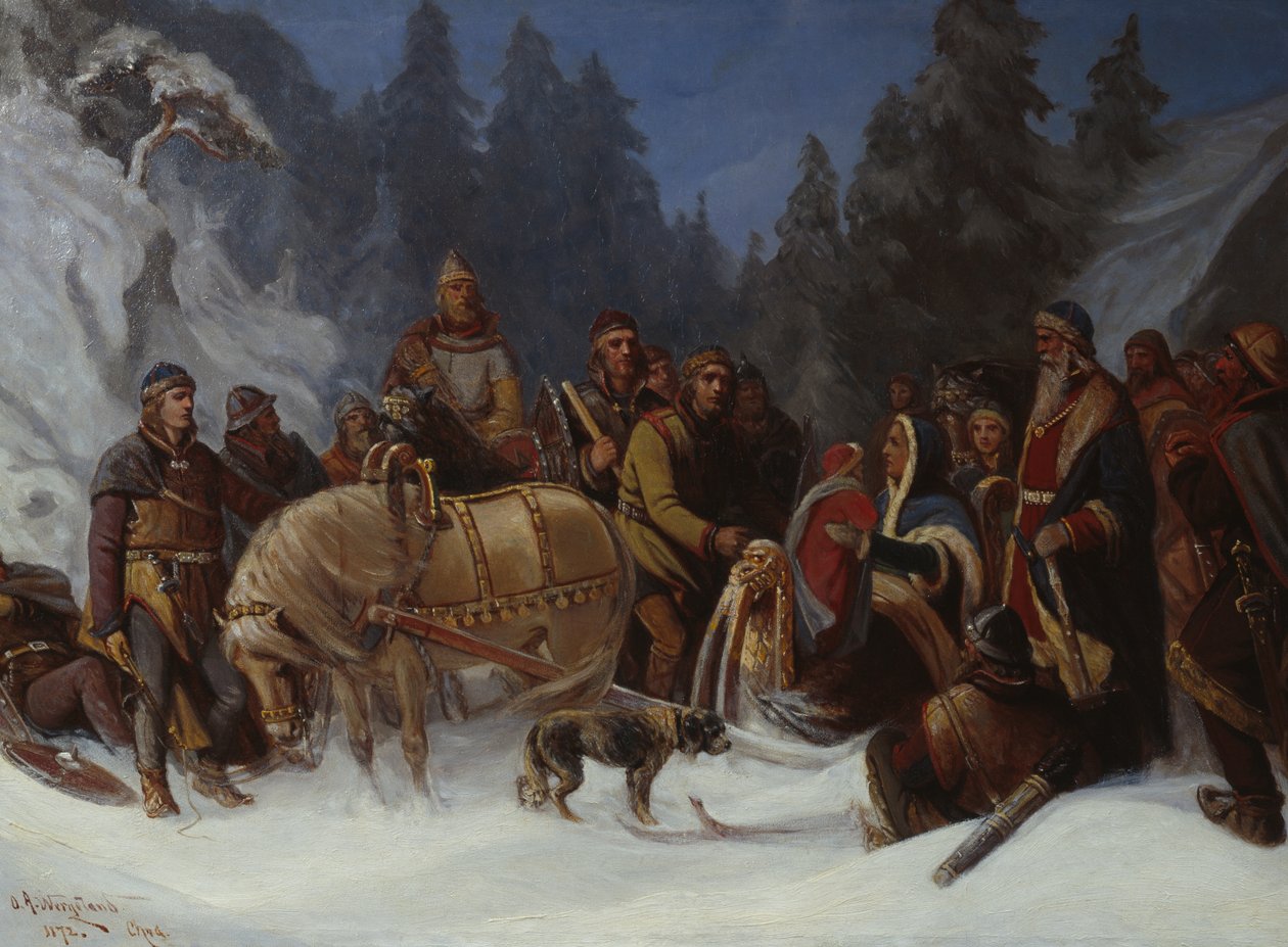 Inga Kongemor entrusts her son Håkon Håkonsson to the Birkebeiner chief Dagfinn Bonde by Oscar Arnold Wergeland