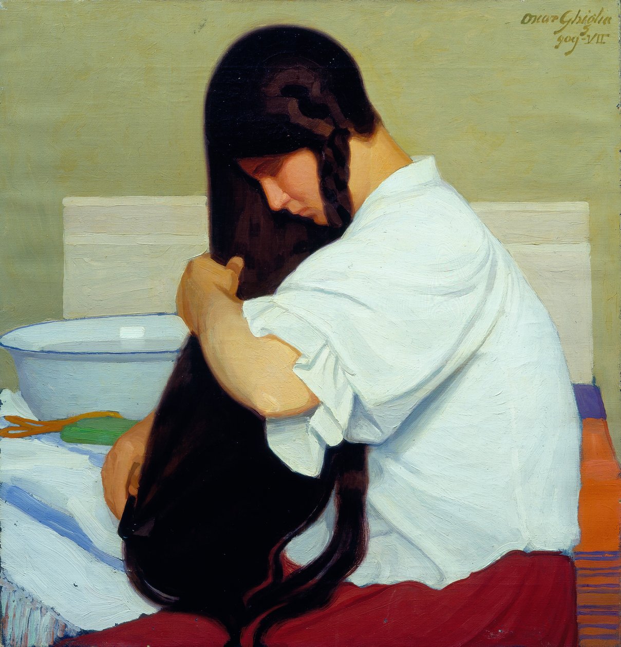 The white shirt or woman combing her hair by Oscar Ghiglia