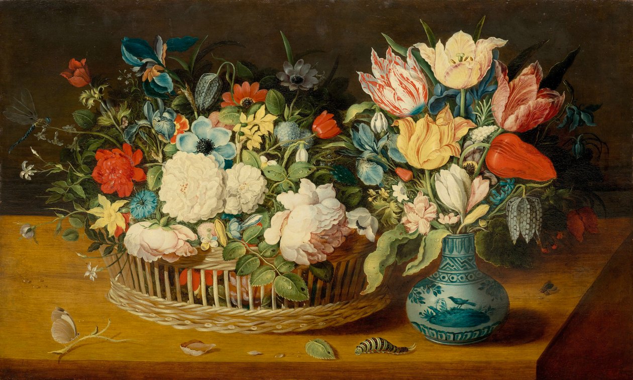 Still Life with Blossoms in a Wicker Basket and Bouquet in a Porcelain Vase by Osias the Elder Beert