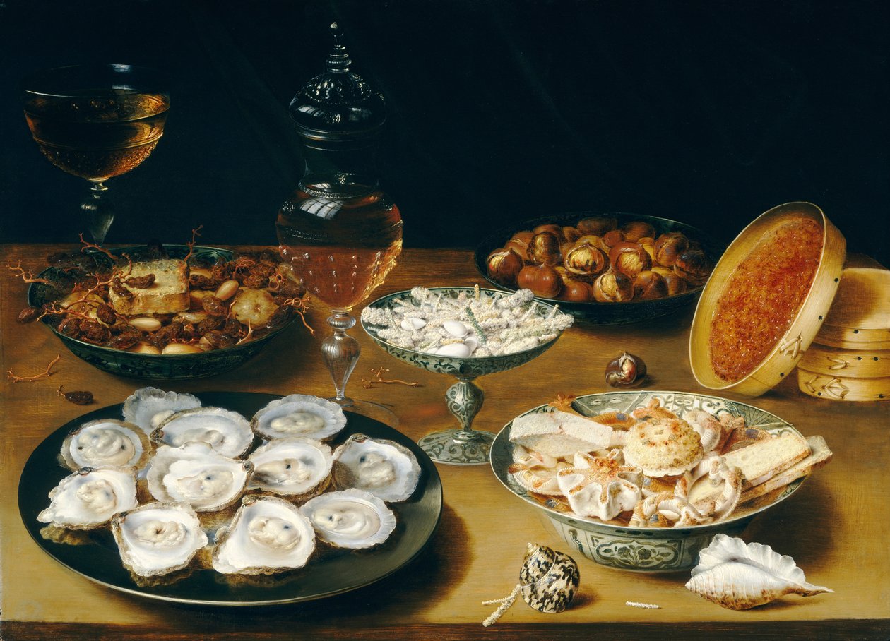 Dishes with Oysters, Fruit and Wine (c.1620-25) by Osias the Elder Beert