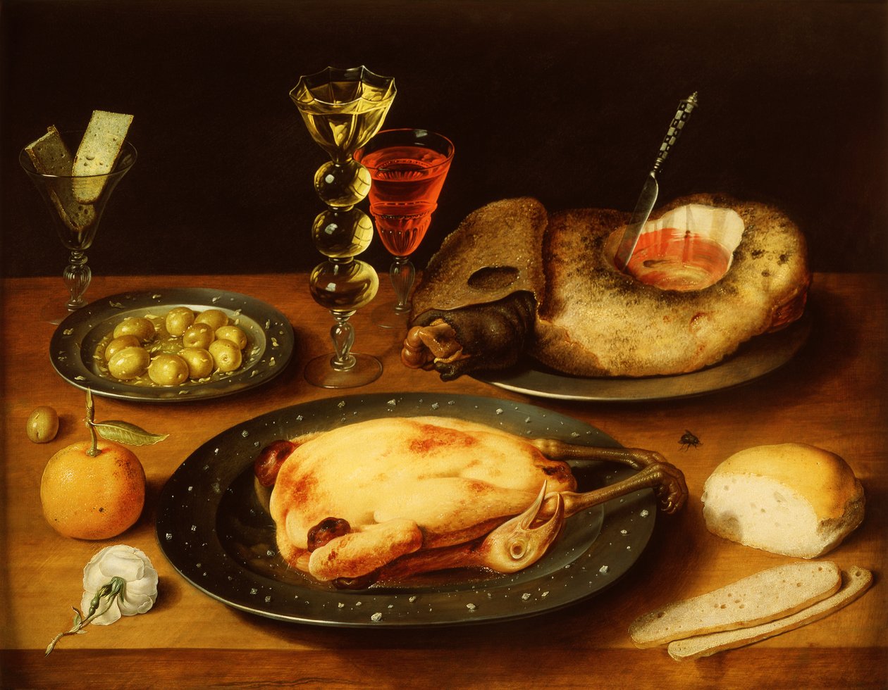 Roast Chicken, Ham and Olives on a Pewter Plate by Osias the Elder Beert