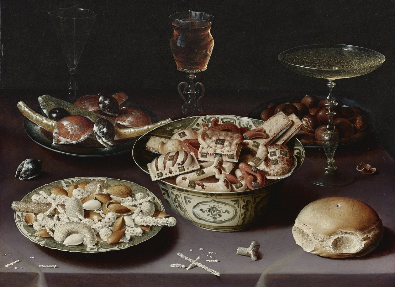 Still Life with Sweets, Chestnuts and a Bread Roll by Osias the Elder Beert