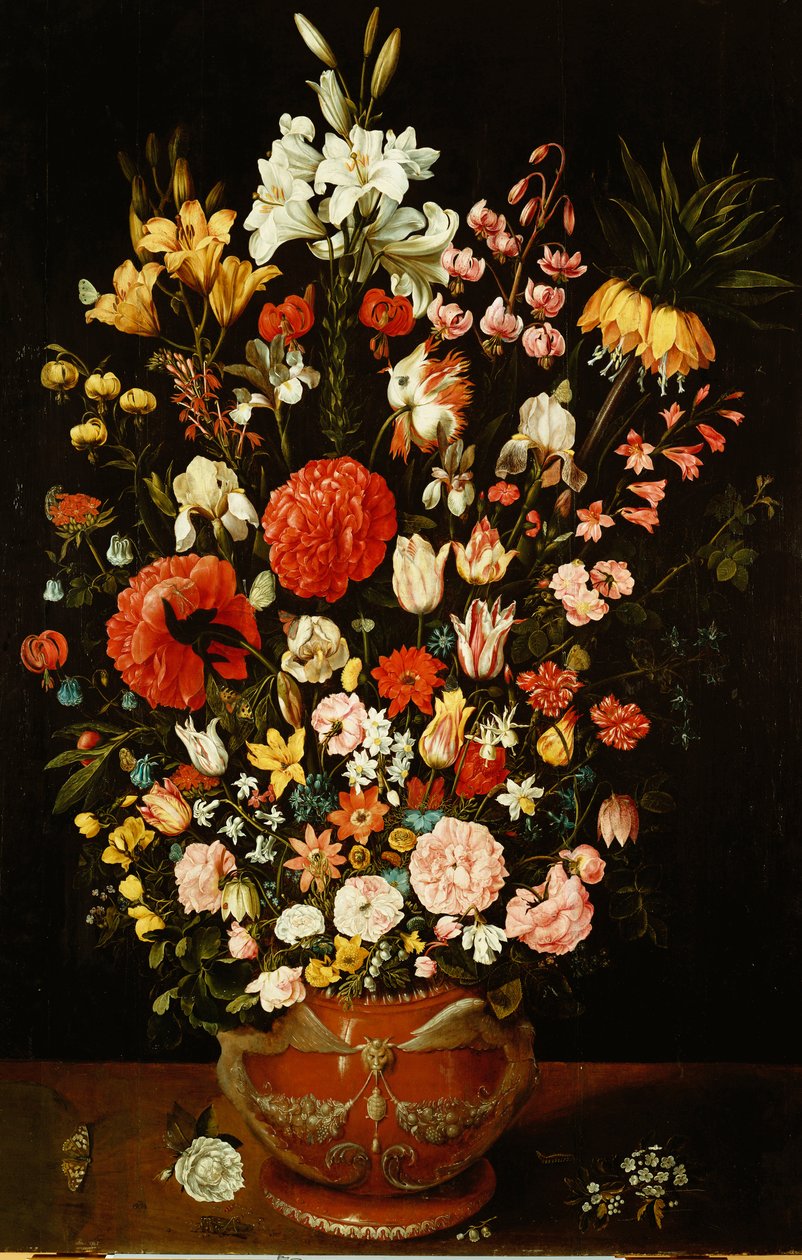 Tulips, Lilies, Irises, Roses, Carnations, Peonies and Other Flowers in a Sculpted Terracotta Urn by Osias the Elder Beert