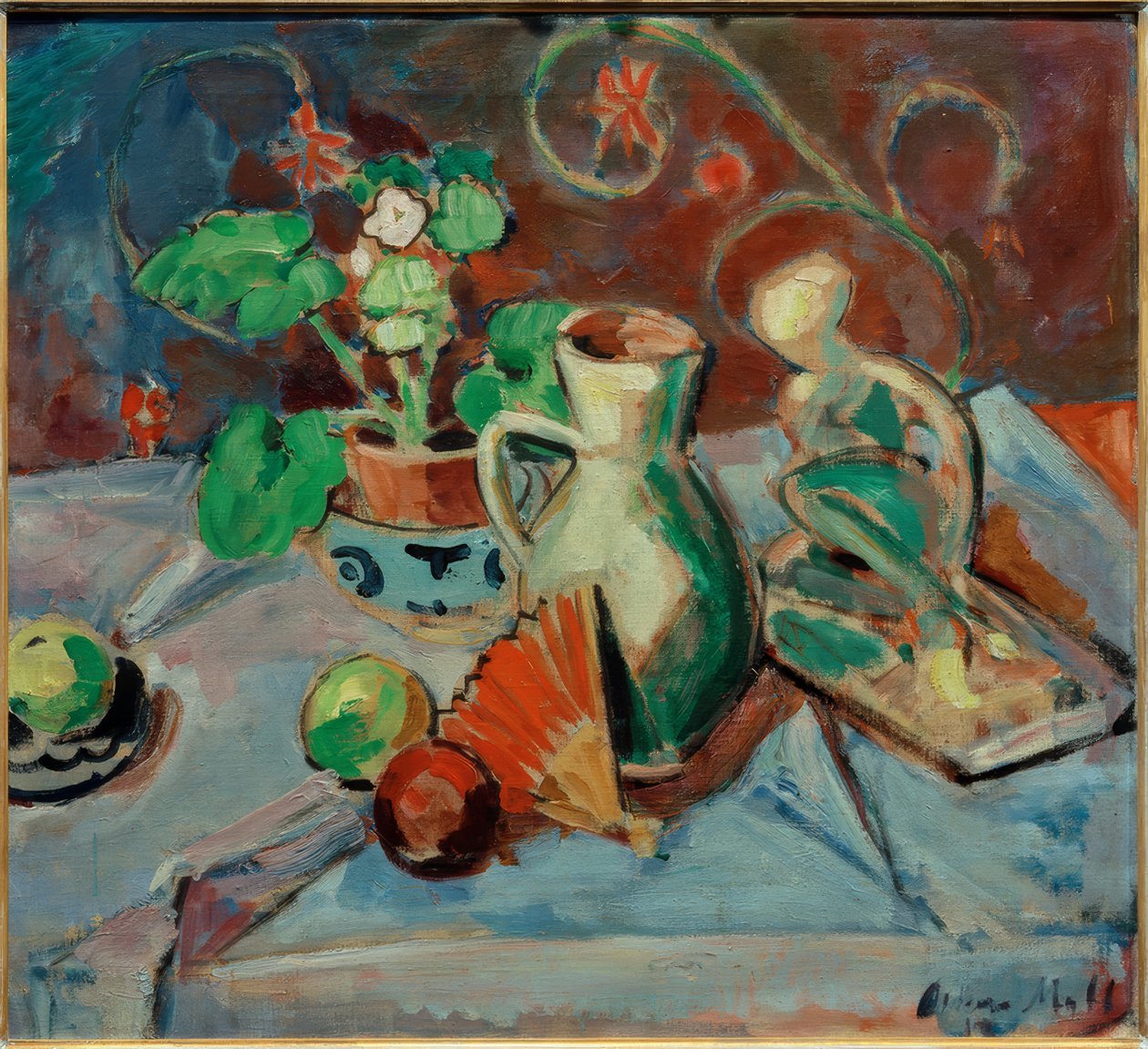 Still Life with White Jug, Sculpture, Fan, and Oranges by Oskar Moll