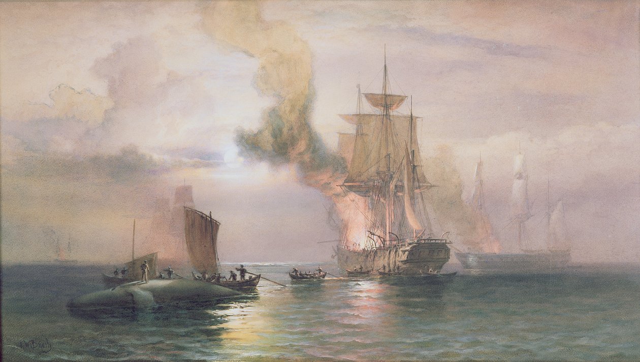 South Sea Whalers Boiling Blubber, with Whale Alongside, c.1875-85 by Oswald Walters Brierly