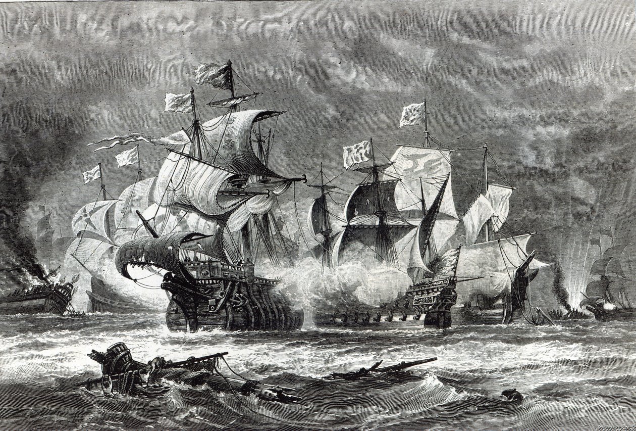 The Vanguard, under Sir William Winter, engaging the Spanish Armada, from 