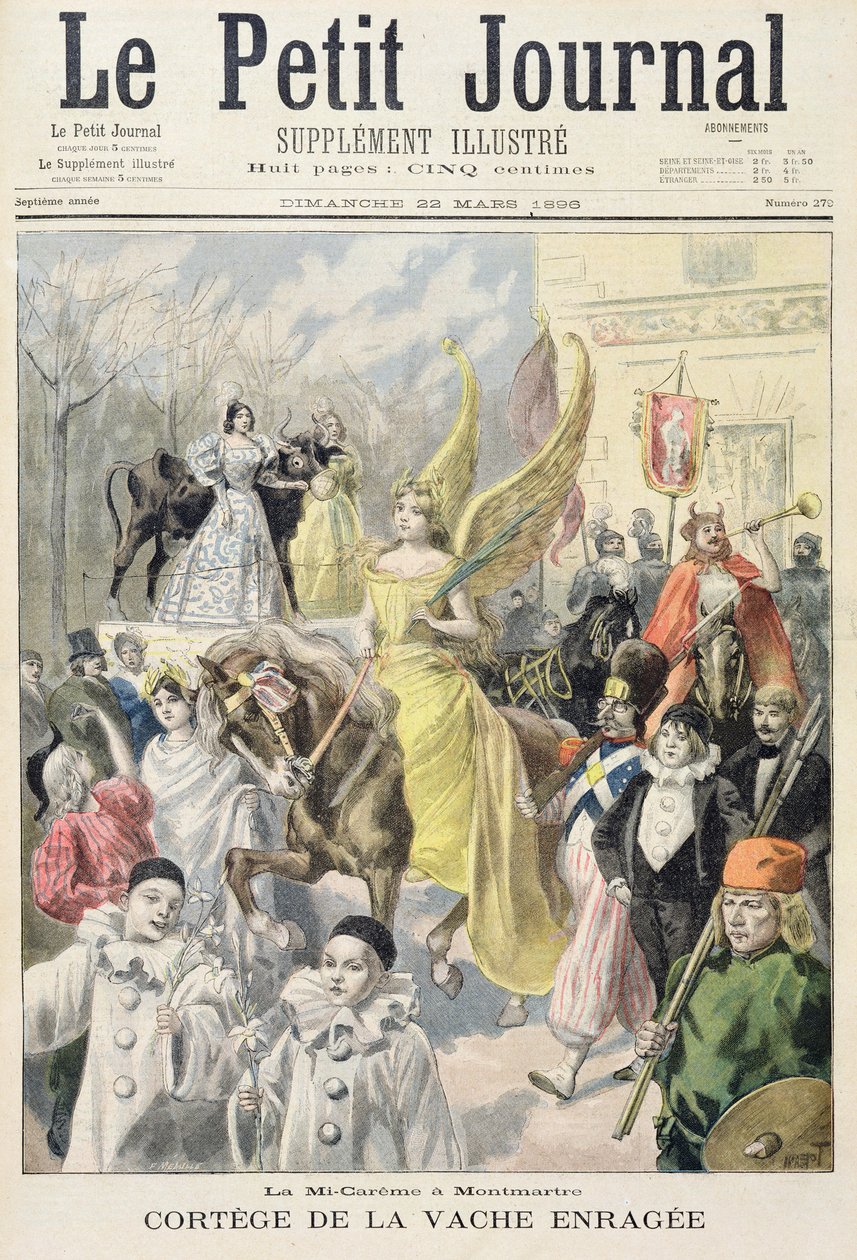 Title page depicting the procession of the mad cow, mid-Lent in Montmartre, illustration from the illustrated supplement of Le Petit Journal, 22nd March, 1896 by Oswaldo Tofani