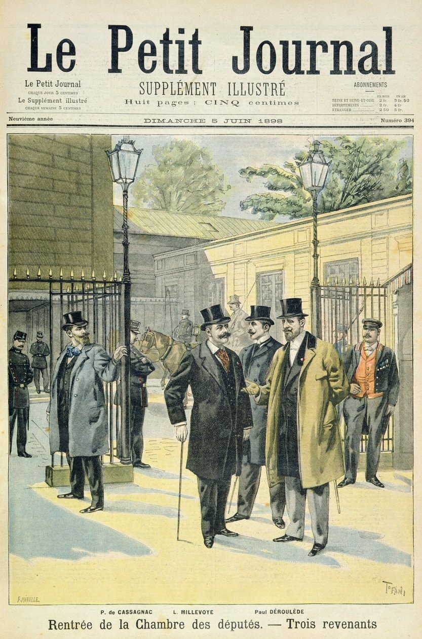 Title Page Depicting the Reopening of the House of Deputies with Paul Granier de Cassagnac, Lucien Millevoye and Paul Deroulede, Illustration from the Illustrated Supplement of Le Petit Journal by Oswaldo Tofani