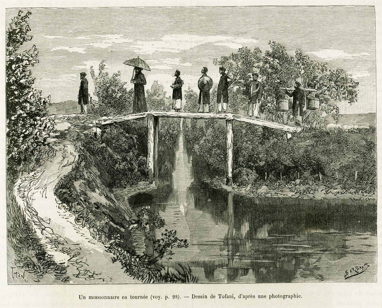 A missionary in turn. Engraving to illustrate the story Trente mois au Tonkin, in 1884, by Doctor Paul Hocquard, in le tour du monde 1890, under the direction of Edouard Charton, Hachette, Paris. by Oswaldo Tofani