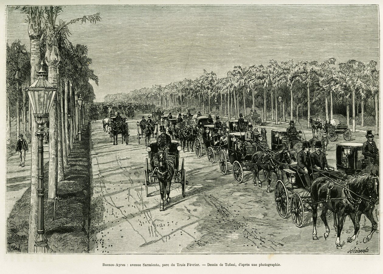 Buenos Aires, Sarmiento Avenue, Three February Park. Engraving to illustrate the story Voyage a la Plata, in 1886, by Emile Daireaux, in le tour du monde 1888, directed by Edouard Charton, Hachette, Paris. by Oswaldo Tofani