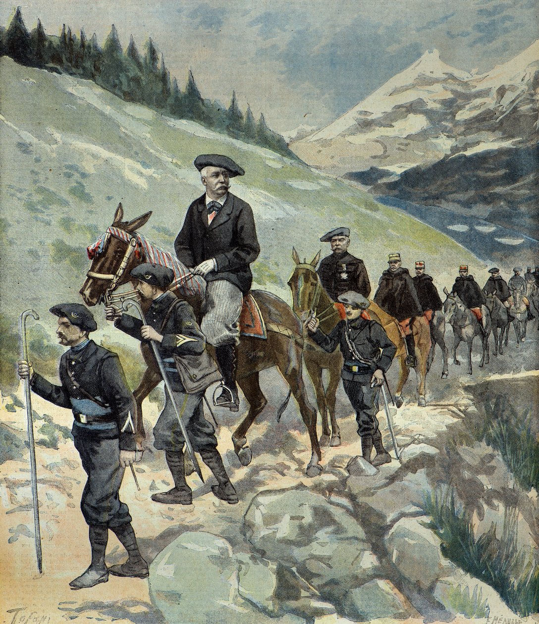 Felix Faure with Alpine Hunters on a Trip to the Alps in 1897 (Engraving) by Oswaldo Tofani