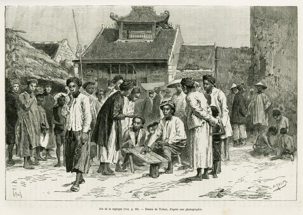 Game of the sapeque. Engraving by Tofani, to illustrate the story Trente mois au Tonkin, in 1884, by Dr Paul Hocquard, in le tour du monde 1890, under the direction of Edouard Charton, Hachette, Paris by Oswaldo Tofani