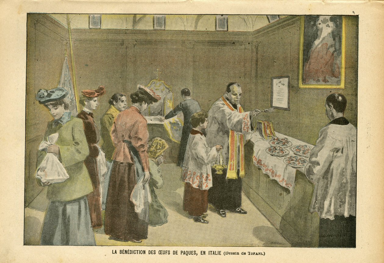 Illustration by Oswaldo Tofani (1849-1915) in Le Pelerin, 03/04/04 - The Benediction of Easter Eggs in Italy - Italy, Religion Faith, Easter, Catholic Catholicism - Egg by Oswaldo Tofani