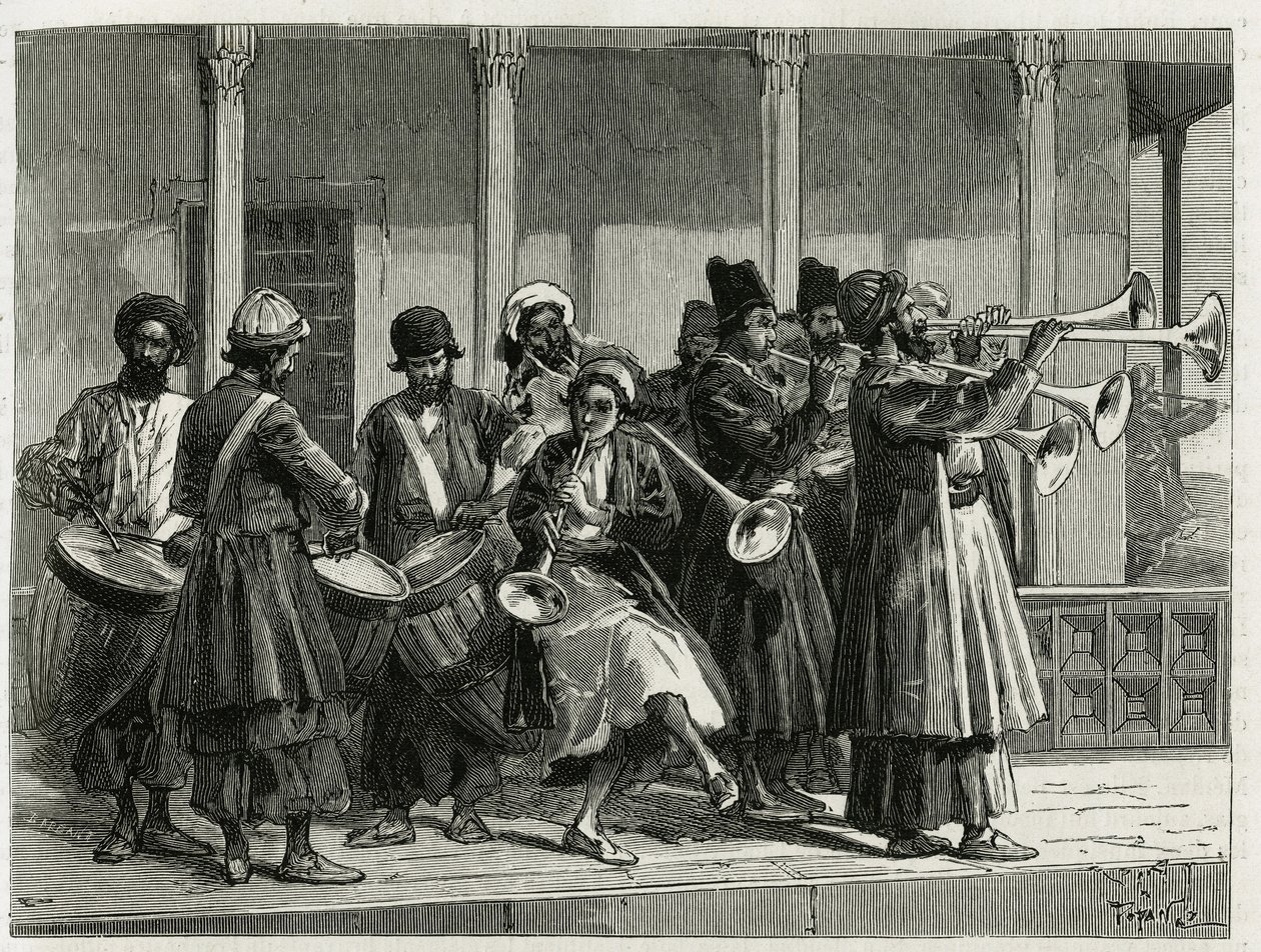 Musicians greeting the sunrise in Isfahan (or Isfahan, Iran city). Engraving by Tofani, to illustrate the story 
