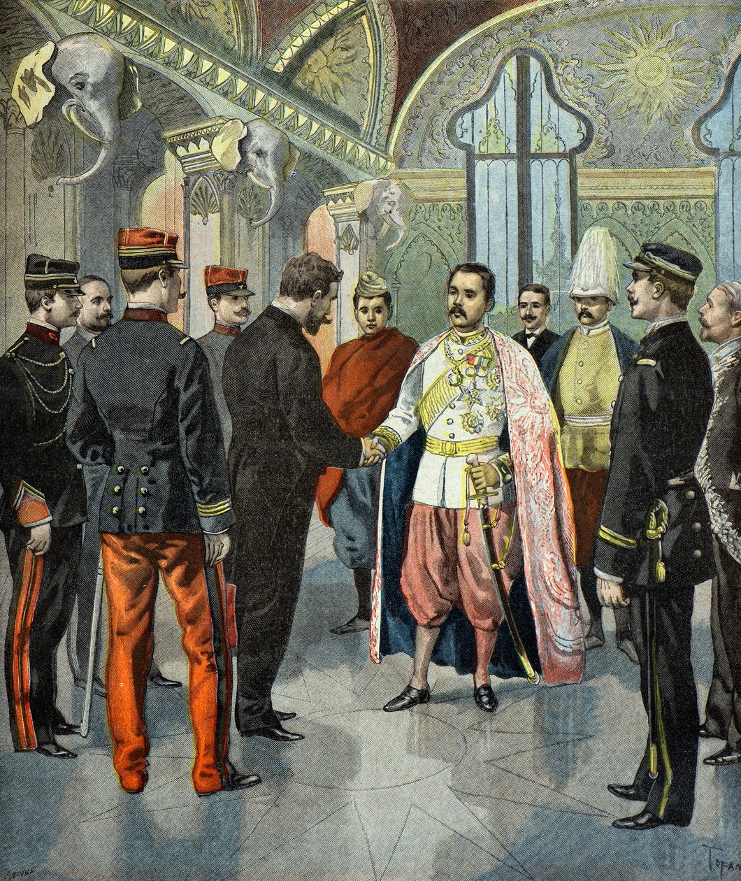 Paul Doumer Received by King Rama V of Siam in 1899 (Engraving) by Oswaldo Tofani
