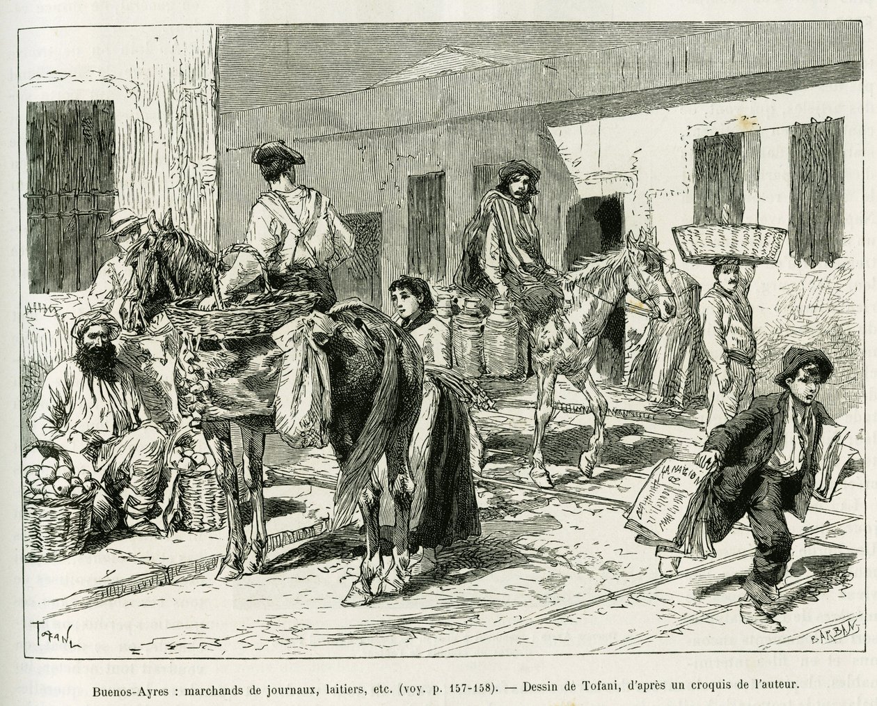 Small businesses, newspaper dealers, dairy, fruit vendors etc... in the streets of Buenos Aires (Argentina). Engraving by Tofani to illustrate the story Voyage a la Plata, three months of vacation by Emile Blaireaux in 1886, in the tour du monde 1887, unde by Oswaldo Tofani