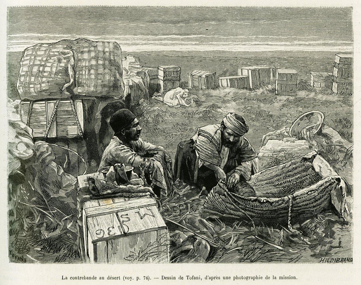 Smuggling of archeological excavations in the Persian desert. Engraving to illustrate the story A Suse. by Oswaldo Tofani