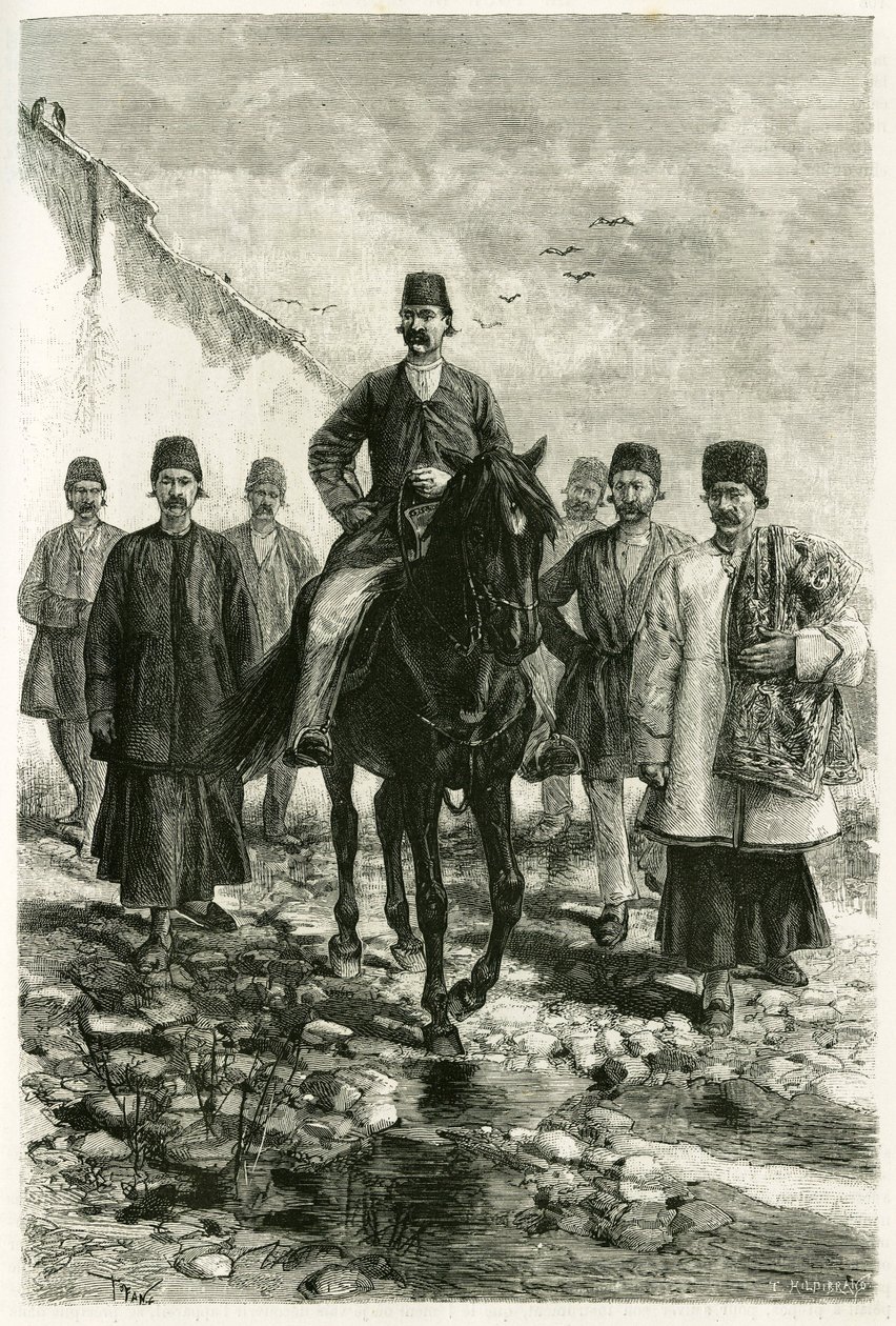 The governor of Kachan (or Kashan, in Teheran province, present-day Iran) rides a black horse and his suite is on foot. Engraving by Tofani, from a photograph, to illustrate the story Persia, Chaldee and Susiane in 1881-1882, by Jane Dieulafoy (nee Magre) by Oswaldo Tofani