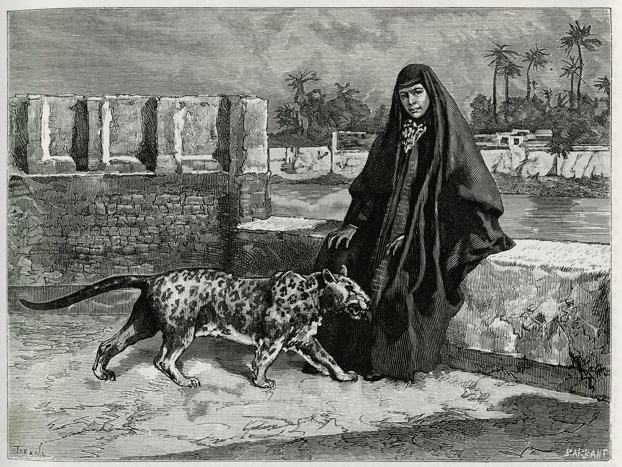 Torkan Khanoum, favorite of Sheikh Moses, powerful tribal leader of Arabistan with his panther. Engraving by Tofani, to illustrate the story 