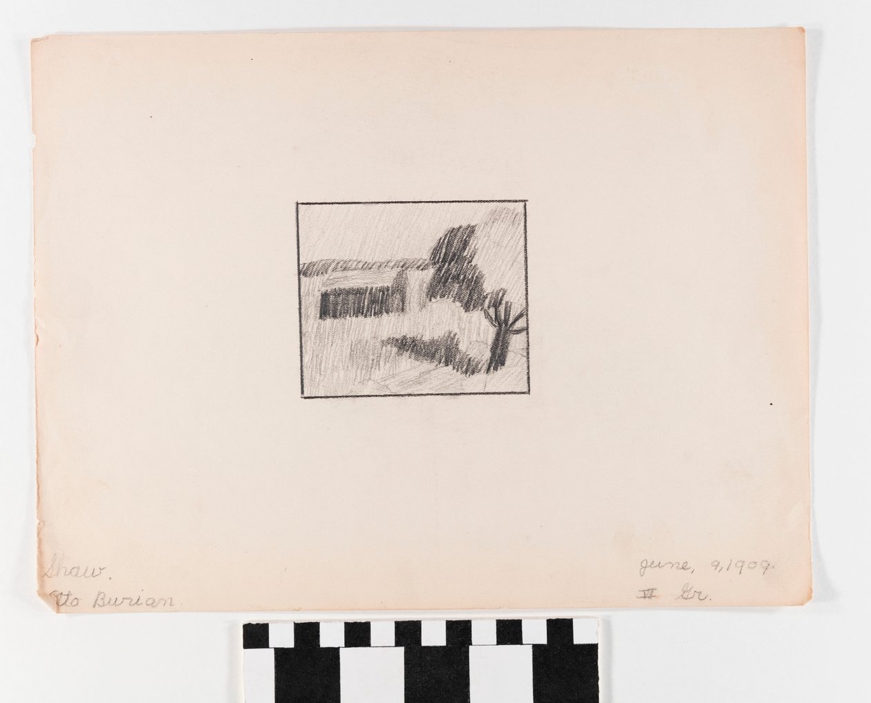 Small, Square Sketched Image of Building in a Field on Large Paper by Otto Burian