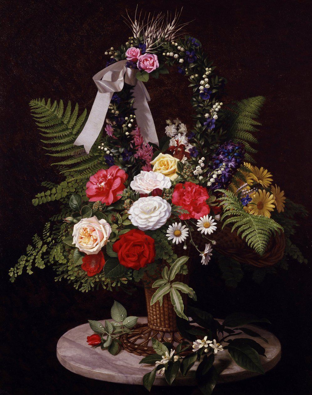Still Life of Flowers in a Basket (Daisies, Ferns, Roses) by Otto Didrik Ottesen