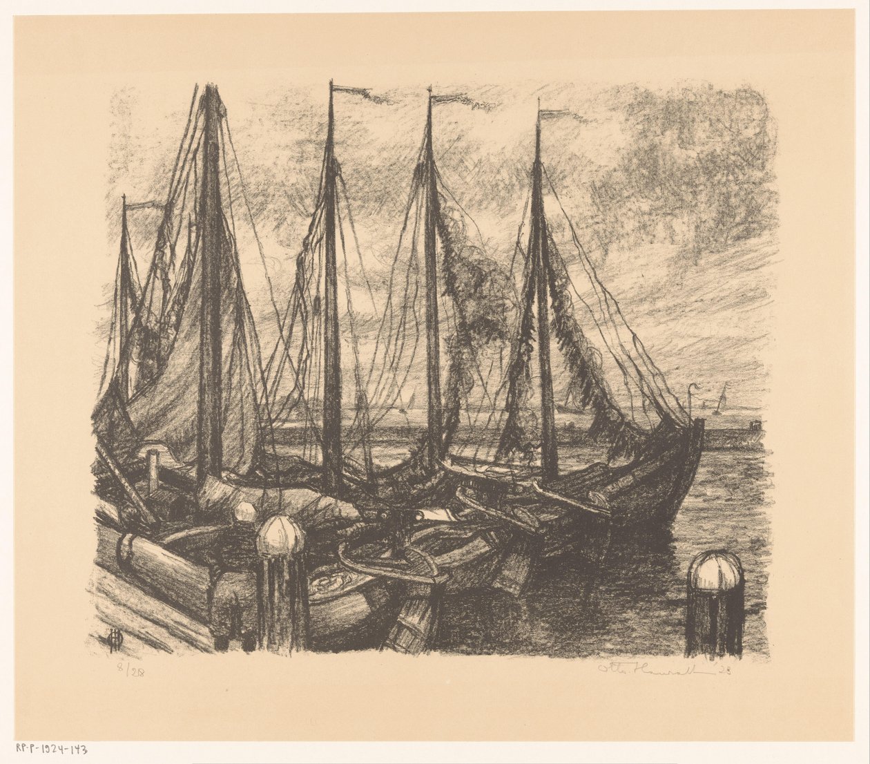 Moored Fishing Boats in a Harbor by Otto Hanrath (signed by artist)