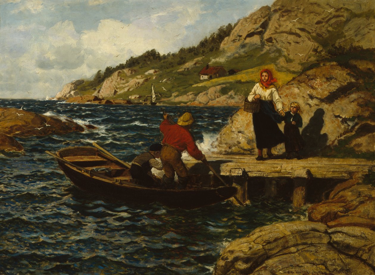 Fisherman, Woman and Child by the Quay by Otto Ludvig Sinding