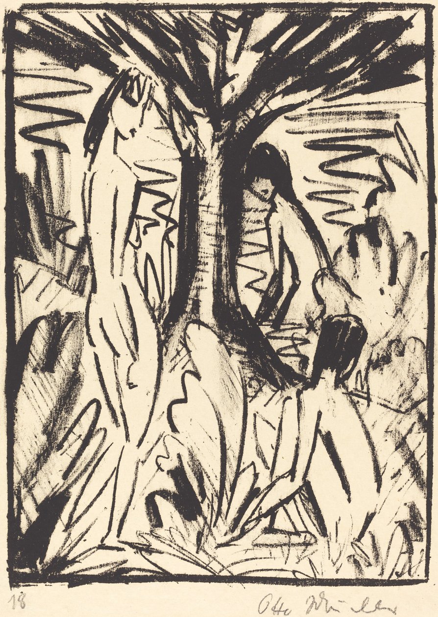 Standing, Sitting, and Bathing Girls near a Tree by Otto Müller