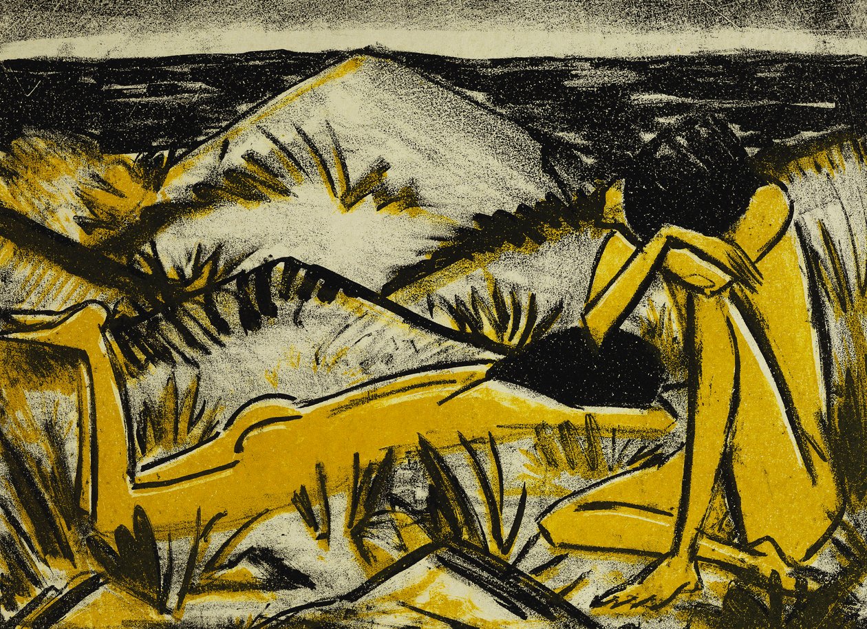 Dunes One Sitting and Girl Lying Down by Otto Mueller