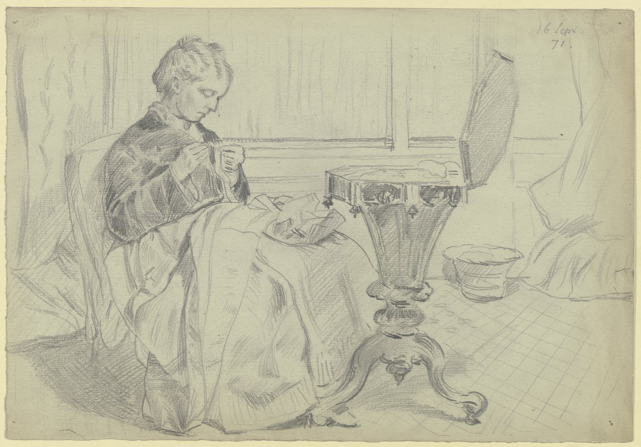 Luise Scholderer at the Sewing Table, with Handwork by Otto Scholderer