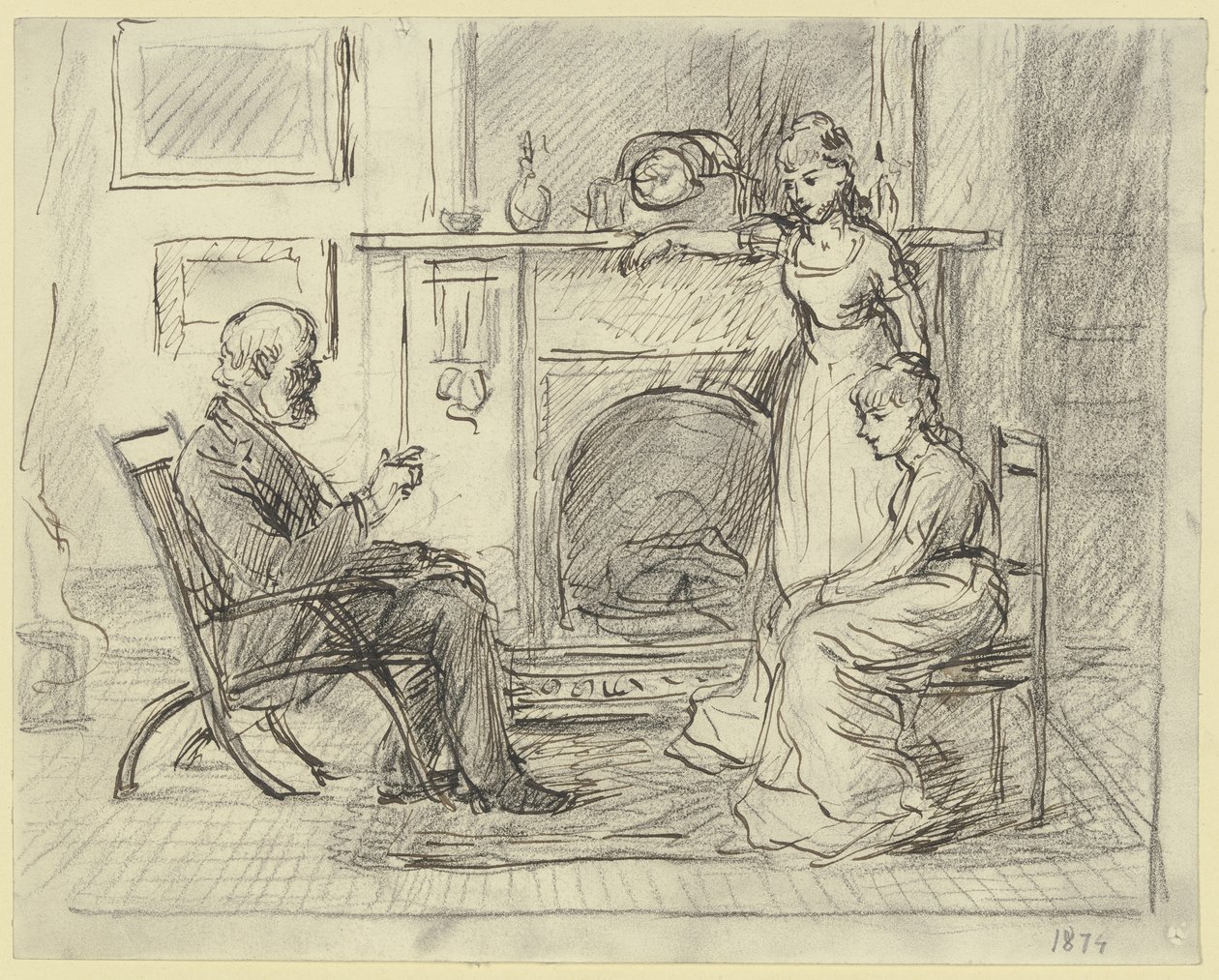 Three People at the Fireplace by Otto Scholderer