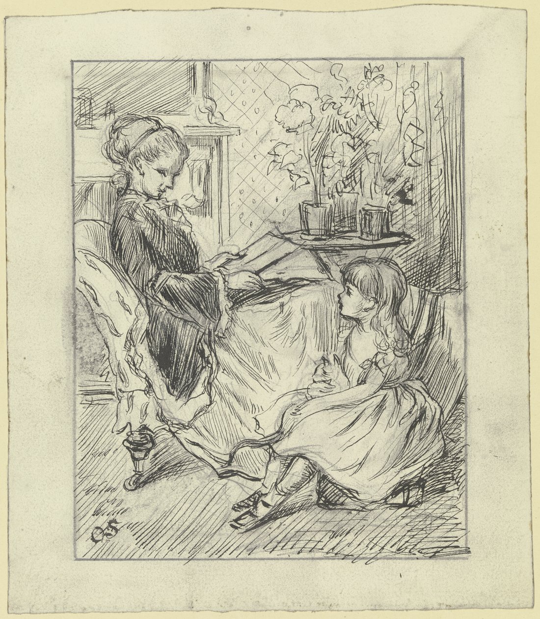 Woman with Child Reading Aloud by Otto Scholderer
