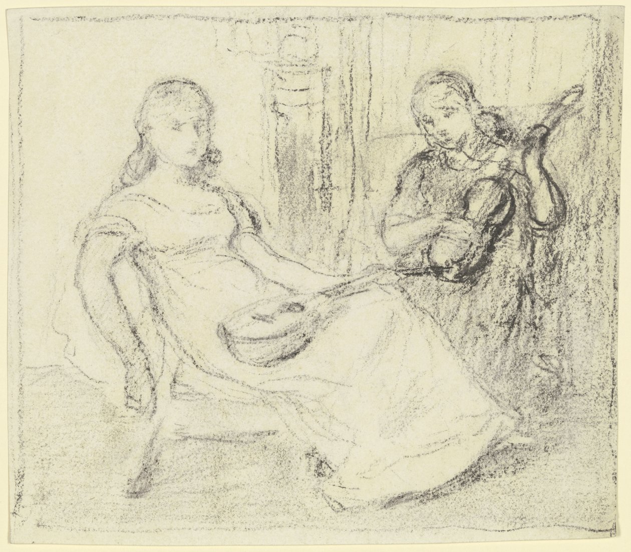 Two Girls with String and Plucked Instruments by Otto Scholderer