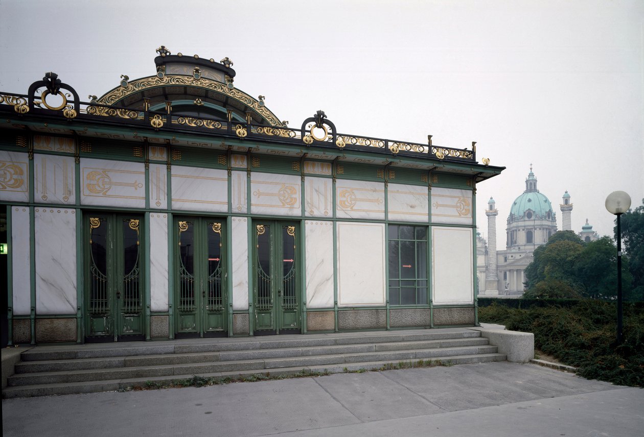 Art Nouveau: view of the pavilion of the Karlsplatz metro station (now cafe) made by architect Otto Wagner (1841-1918) (Viennese Secession) 1894-1899 by Otto Wagner