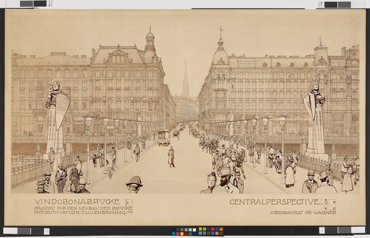 Vindobona Bridge / Project for the New Construction of the Rothenthurmstrasse - Lilienbrunng Bridge. Central Perspective by Otto Wagner