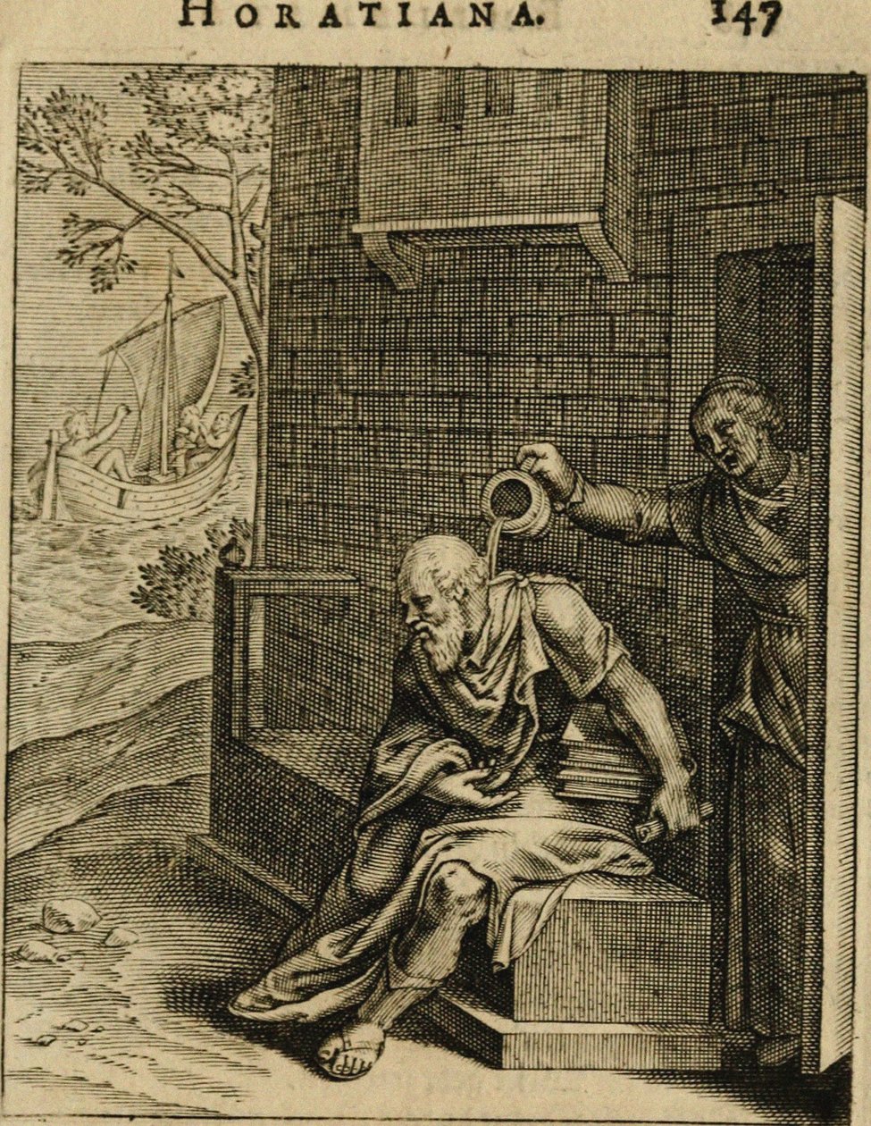 Xanthippe Emptying a Chamber Pot over Socrates (from Emblemata Horatiana)