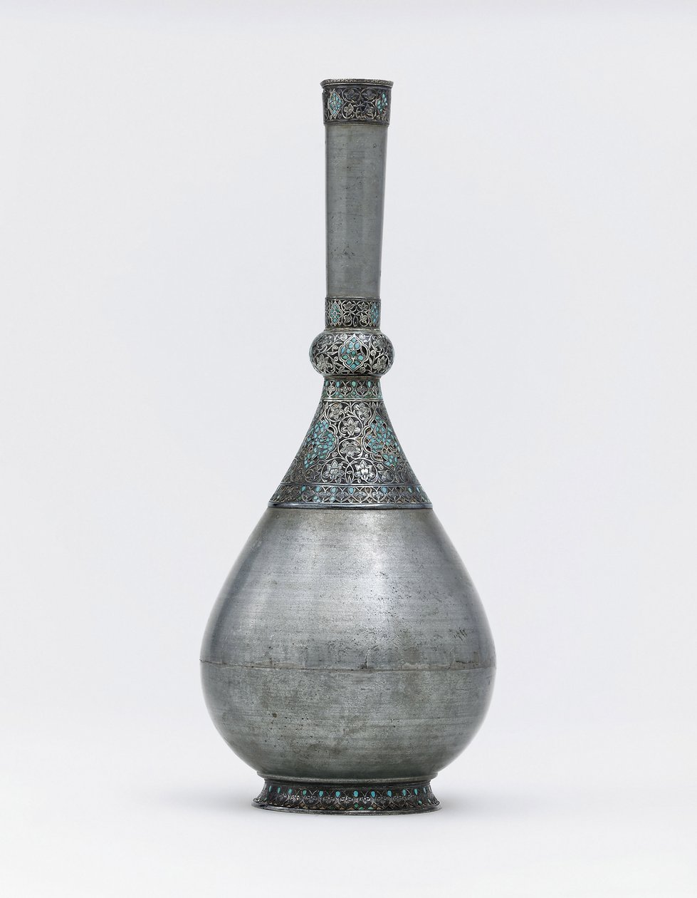 An Ottoman turquoise inset silver mounted zinc bottle by Ottoman School